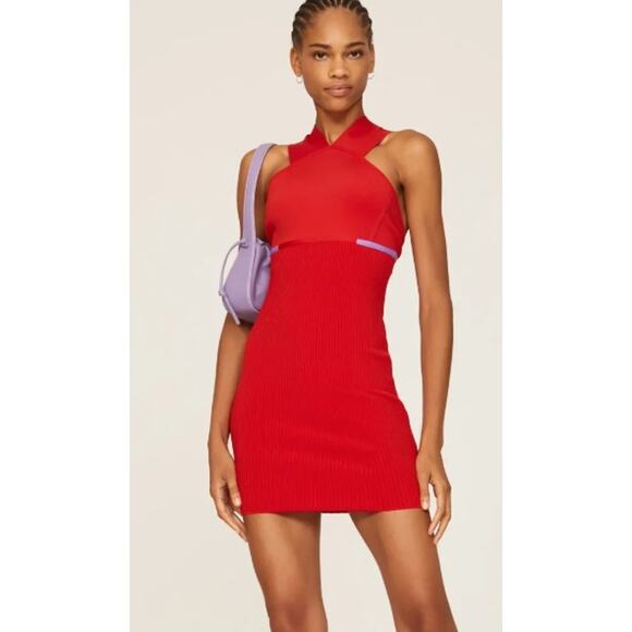 Revolve Herve By Herve Léger High Neck halter Bandage mini Dress red cardinal L - Picture 1 of 12